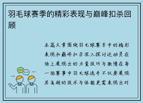 羽毛球赛季的精彩表现与巅峰扣杀回顾
